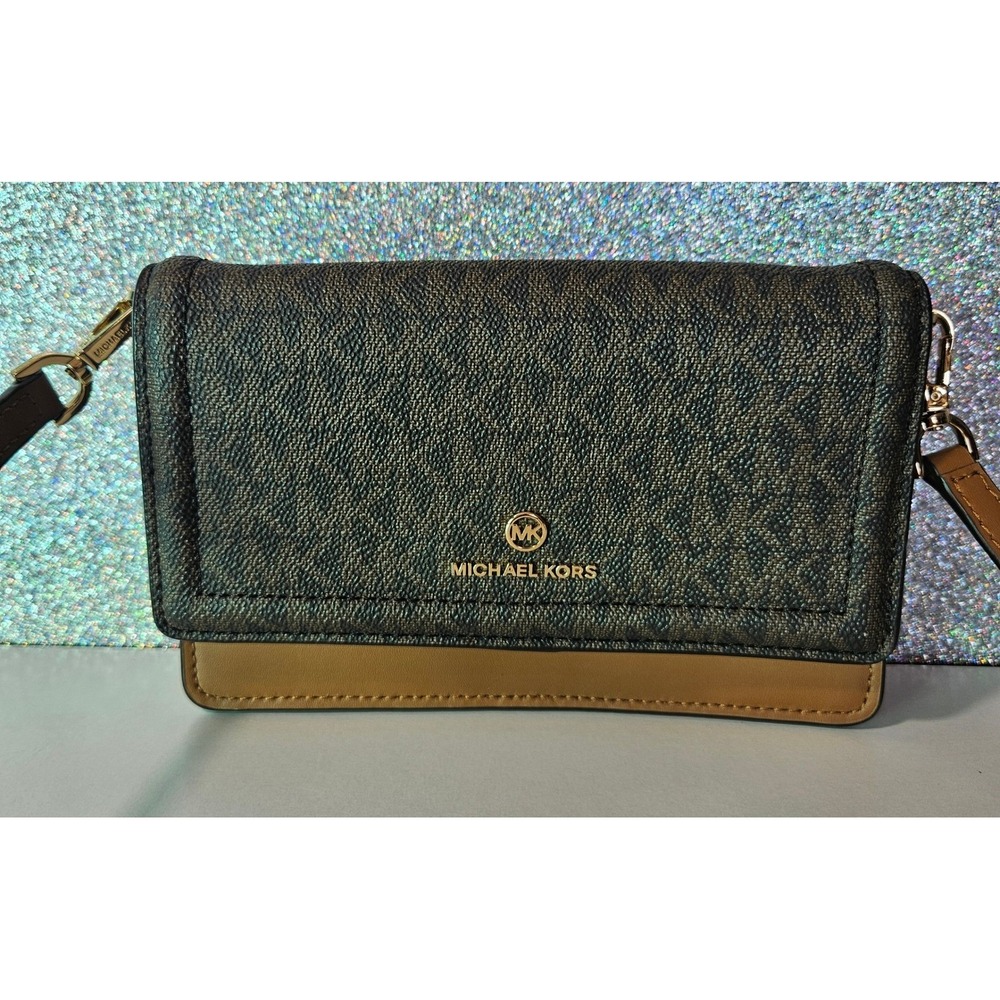 Michael Kors Black and Brown Signature Logo Crossbody Wallet